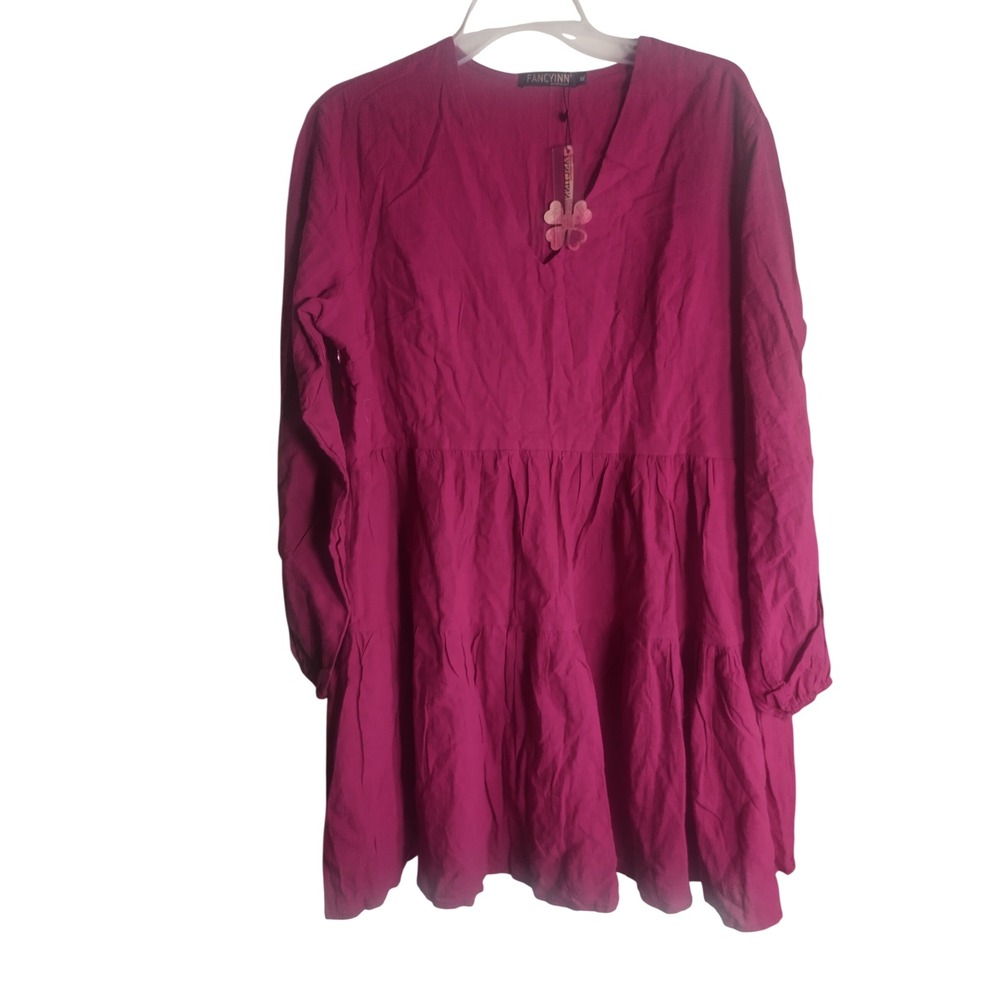 Fancyinn Womens XL Magenta Pink Tiered Babydoll Mini Dress VNeck Long Sleeve NWT